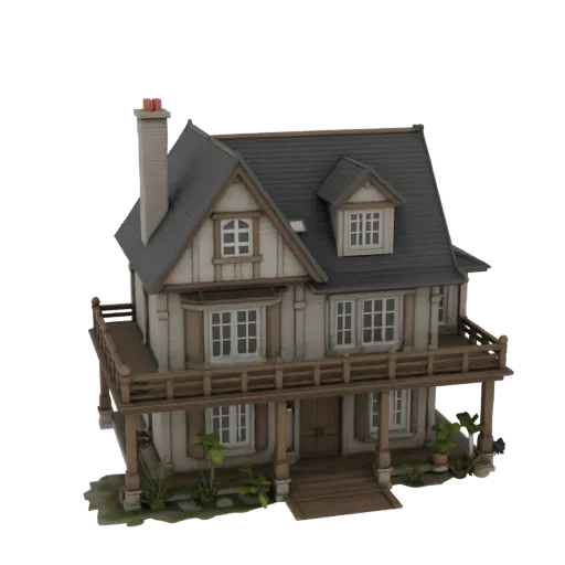3D модель двухэтажного дома с серой черепичной крышей, светлым фасадом и деревянной верандой, окруженный зеленью.