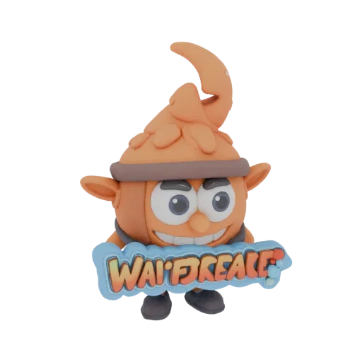3D модель персонажа WaveBreaker в мультяшном стиле, держащего табличку с названием