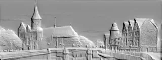 3D модель барельефа старинного европейского города с церковью, каналами и узкими домами