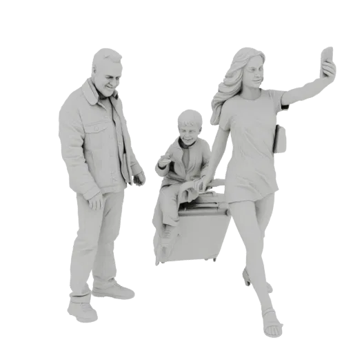 3D модель семьи в отпуске: женщина делает селфи, мальчик на чемодане, мужчина стоит.