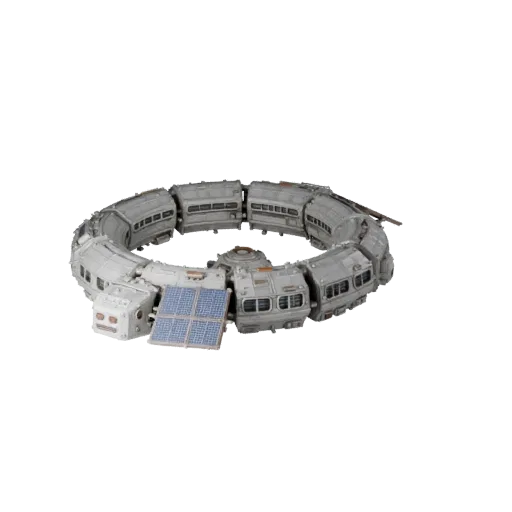 Реалистичная 3D-модель модуля среды обитания, трехчетвертной студийный рендер, показывающий металлические модули, компоновку