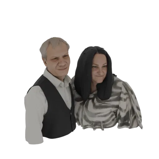 Рендер 3D-модели пары в объятиях, мужчина слева в жилете, женщина справа в блузке с узором.
