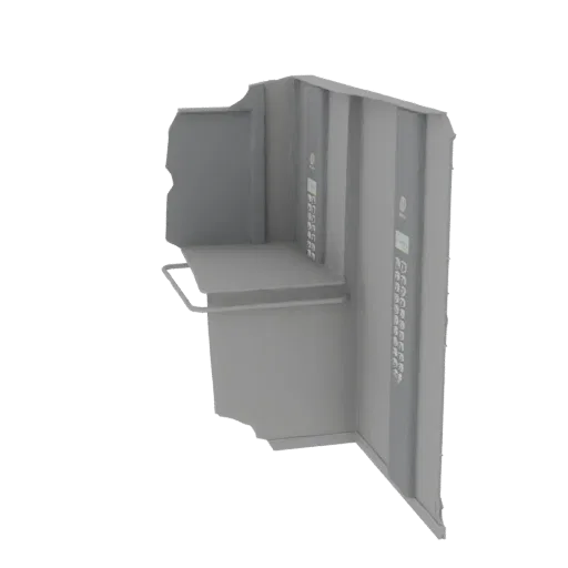 3D модель современного интерьера лифта серого цвета с панелью управления, кнопками и цифровым дисплеем, а также металлическим