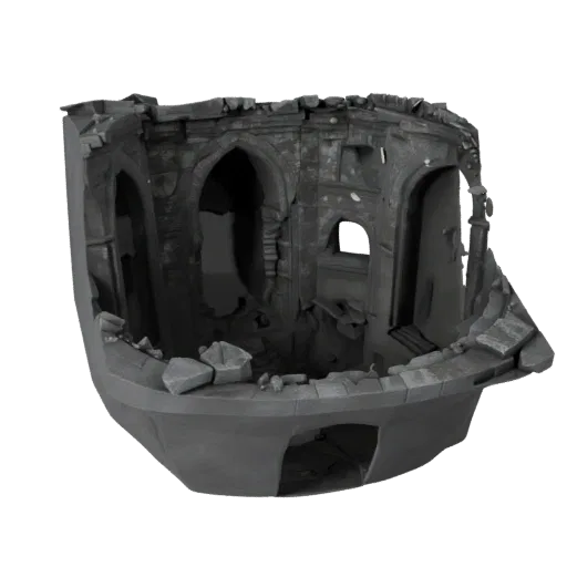 Высокополигональная 3D модель интерьера затопленных руин, кинематографический рендер окружения крупным планом, демонстрирующи