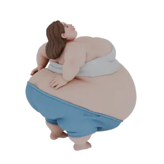 3D модель стилизованной полненькой девушки в белой майке и синих шортах, смотрящей вверх.