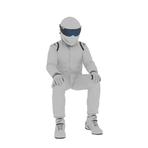 3D модель Стига в белом гоночном костюме, шлеме и перчатках, сидит, руки на коленях.