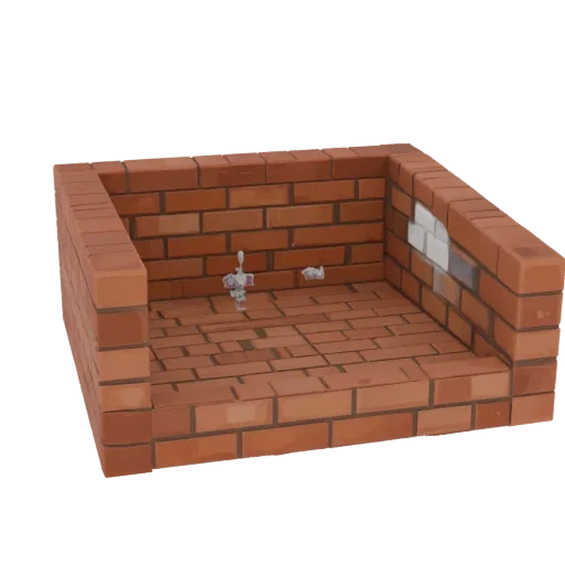 3D модель мангала, сложенного из красного кирпича, с имитацией кранов на стене.