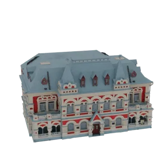 3D модель роскошного европейского особняка с красно-кремовым фасадом, синей крышей и замысловатыми архитектурными деталями.