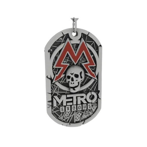 3D модель кулона "Медальон" из Metro Exodus с красным логотипом "М", черепом и названием игры.