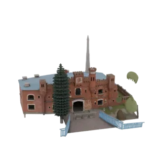 Кирпичная крепость с трубой и деревом