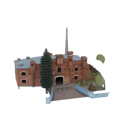 3D модель кирпичной крепости с высокой трубой, зеленым деревом и синим забором на белом фоне.