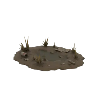 3D модель грязной лужи с выброшенной консервной банкой, бумажным мусором и сухой травой, отрисованная на белом фоне.