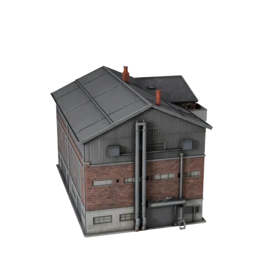 Реалистичная 3D модель фабричного здания, вид с трех четвертей снаружи, показывающий материалы промышленного здания и архитек
