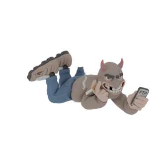 3D модель глиняного черта, лежащего, курящего сигарету и держащего смартфон с надписью 'FTP' на экране.