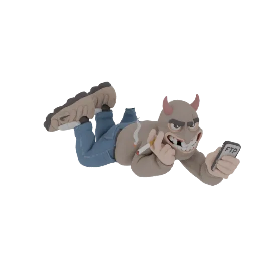 3D модель глиняного черта, лежащего, курящего сигарету и держащего смартфон с надписью 'FTP' на экране.