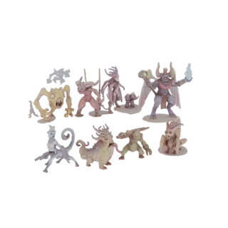 Коллекция из 10 разнообразных 3D-моделей фэнтезийных монстров, расположенных на белом фоне.