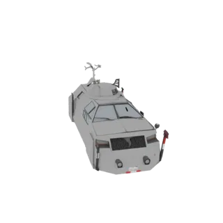 3D модель серого бронетранспортера с турельной установкой на крыше, вид с трехчетвертного переднего ракурса.