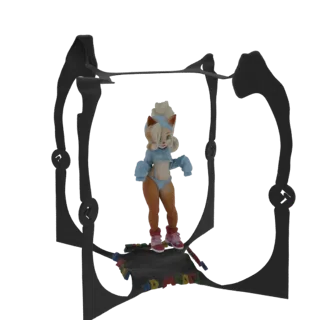 3D модель милой девушки-кошки со светлыми волосами, в синем худи и шортах, стоящей на цветном коврике.