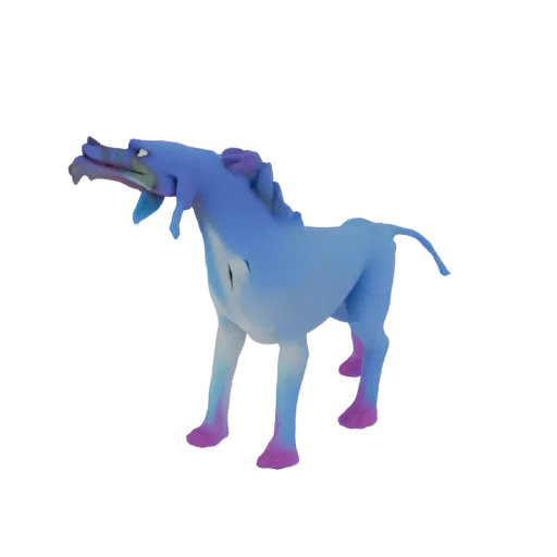 3D модель фэнтезийного существа с сине-фиолетовым градиентом, стоящего на четырех ногах с поднятой головой.