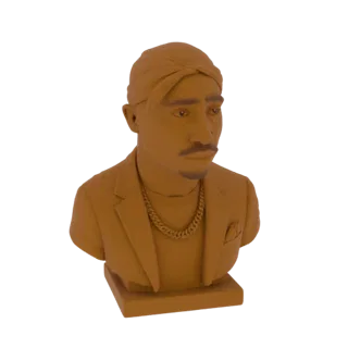 3D модель бюста рэпера Тупака Шакура в бандане и золотой цепи, представленная на белом фоне.