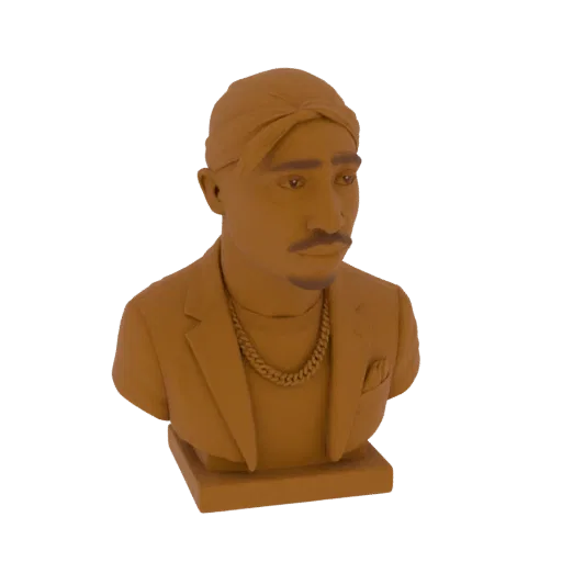 3D модель бюста рэпера Тупака Шакура в бандане и золотой цепи, представленная на белом фоне.