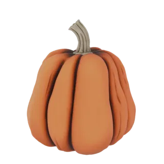 A 3D render of a stylized orange pumpkin with deep vertical ribs and a textured stem, set against a white background.