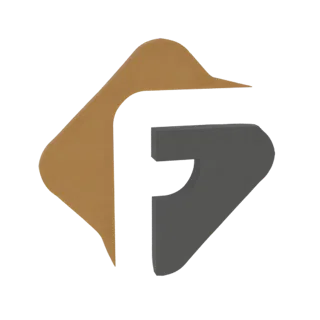3D-рендер логотипа 'FG' с текстурированной коричневой частью слева и сплошной серой частью справа, формирующими буквы.