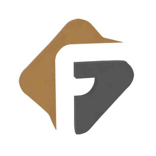 3D-рендер логотипа 'FG' с текстурированной коричневой частью слева и сплошной серой частью справа, формирующими буквы.