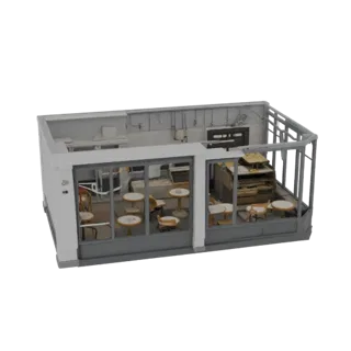 3D модель миниатюрного кафе-мороженого в стиле минимализм с панорамными окнами и столиками