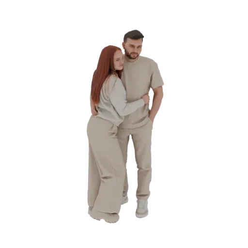 3D модель пары в объятиях, оба в повседневной бежевой одежде, женщина прижимается к груди мужчины.