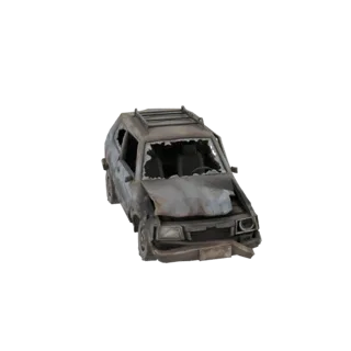 3D модель сильно поврежденной и ржавой старой машины с разбитыми стеклами и смятой передней частью.