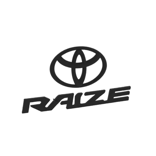 Рендер 3D модели эмблемы Toyota Raize, показывающий логотип Toyota над надписью 'Raize' в темно-металлическом исполнении на ч
