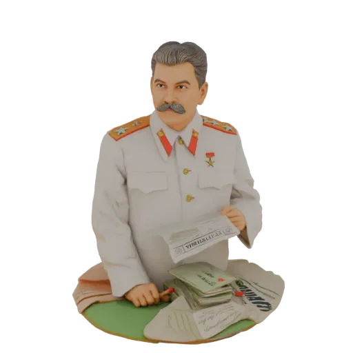 3D модель бюста Иосифа Сталина в белой военной форме, держащего бумаги и ручку.