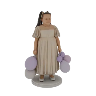 3D модель молодой девушки в светлом платье с фиолетовыми и серыми шарами, стоящая на круглой подставке.