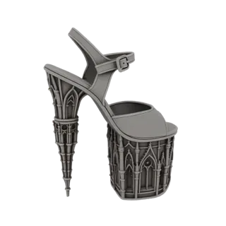 3D-модель серых босоножек на платформе с деталями архитектуры готического собора на каблуке и платформе, с арками и шпилями.