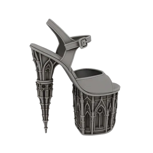3D-модель серых босоножек на платформе с деталями архитектуры готического собора на каблуке и платформе, с арками и шпилями.