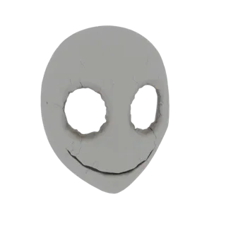 A 3D render of a cracked grey mask with a creepy, wide smile and hollow eye sockets, isolated on a white background.