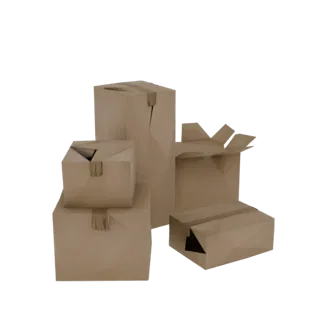 3D-рендер стопки картонных коробок, некоторые открыты, с видимым скотчем и текстурой.