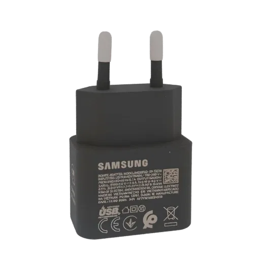 3D-модель черного сетевого адаптера Samsung USB с европейской вилкой