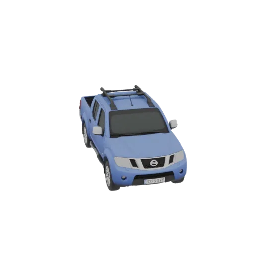 3D-рендер синего пикапа Nissan с багажником на крыше и номерным знаком.