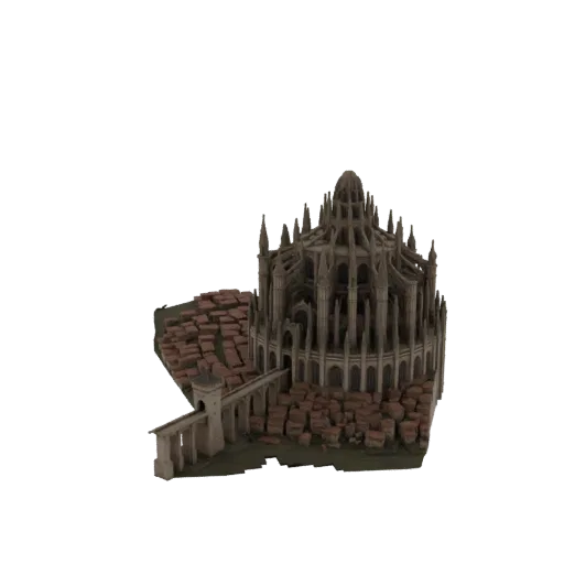 3D модель разрушенного готического собора с высокими шпилями, арочными окнами и каменным мостом, соединяющим его с нижними по