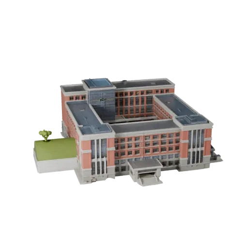 Высокополигональная 3D модель здания университета, крупный план архитектурного рендера, показывающий материалы общедоступного