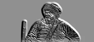 3D-модель барельефа воина в меховой шапке и одежде, держащего ружье, в стиле гравюры