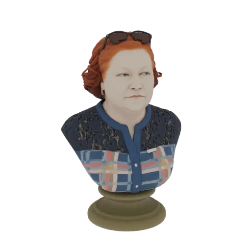 3D модель бюста женщины с рыжими волосами, солнцезащитными очками на голове и сине-розовой клетчатой рубашкой, выставленная н