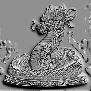 3D модель барельефа китайского дракона, свернувшегося на подставке, с детализированной чешуей и гривой.