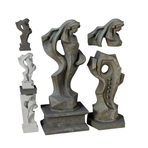 Реалистичная 3D-модель садовой абстрактной скульптуры, вид с трех четвертей, детали постамента и скульптуры