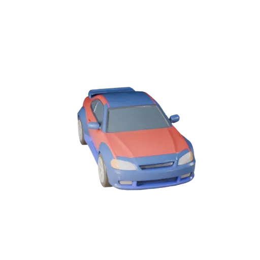 3D-модель мультяшного купе, вид в три четверти в студии, стилизованный актив транспортного средства с линиями кузова, остекле