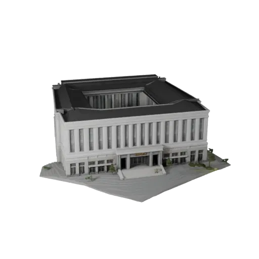 Высокополигональная 3D модель здания музея, вид крупным планом архитектурного рендера, показывающий материалы общедоступного
