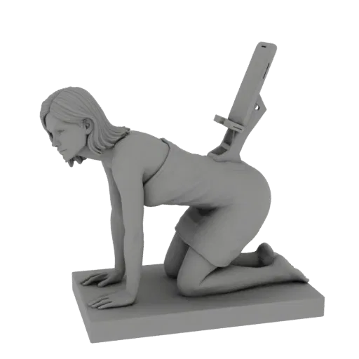 3D модель стилизованной женщины на коленях, с телефоном, надежно установленным на ее спине.