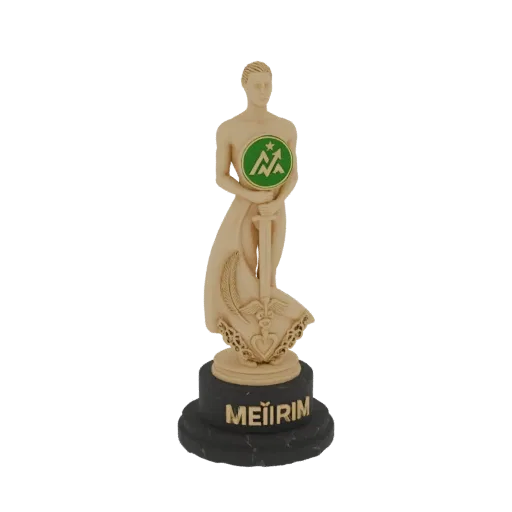 3D модель статуэтки награды Меиирим, классическая фигура с мечом и зеленой эмблемой на мраморном основании.